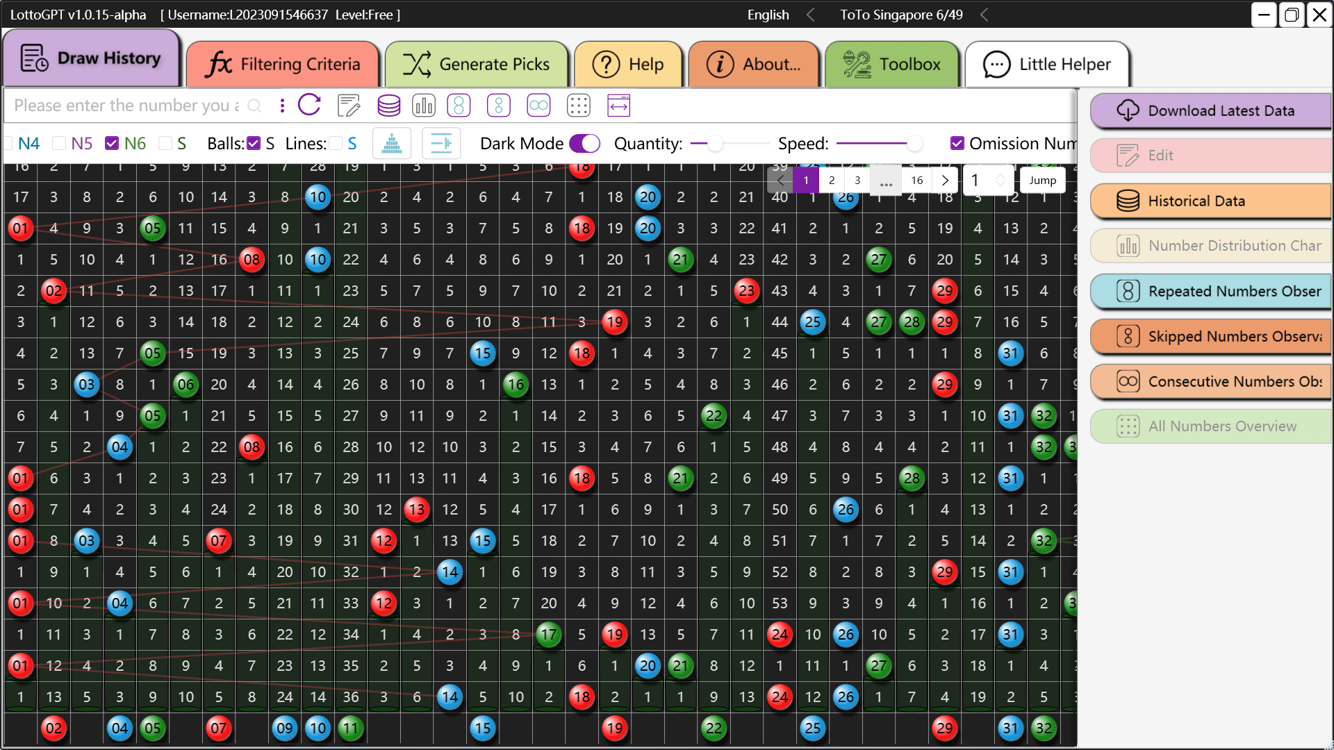 screenshot of lottoGPT interface dark